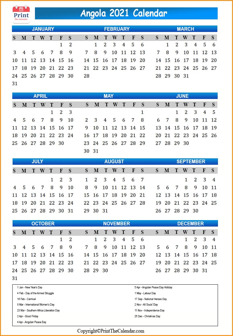 Angola Calendar 2021